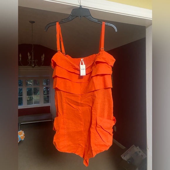 Anthropologie Large Orange Strapless Linen Romper - Picture 3 of 5